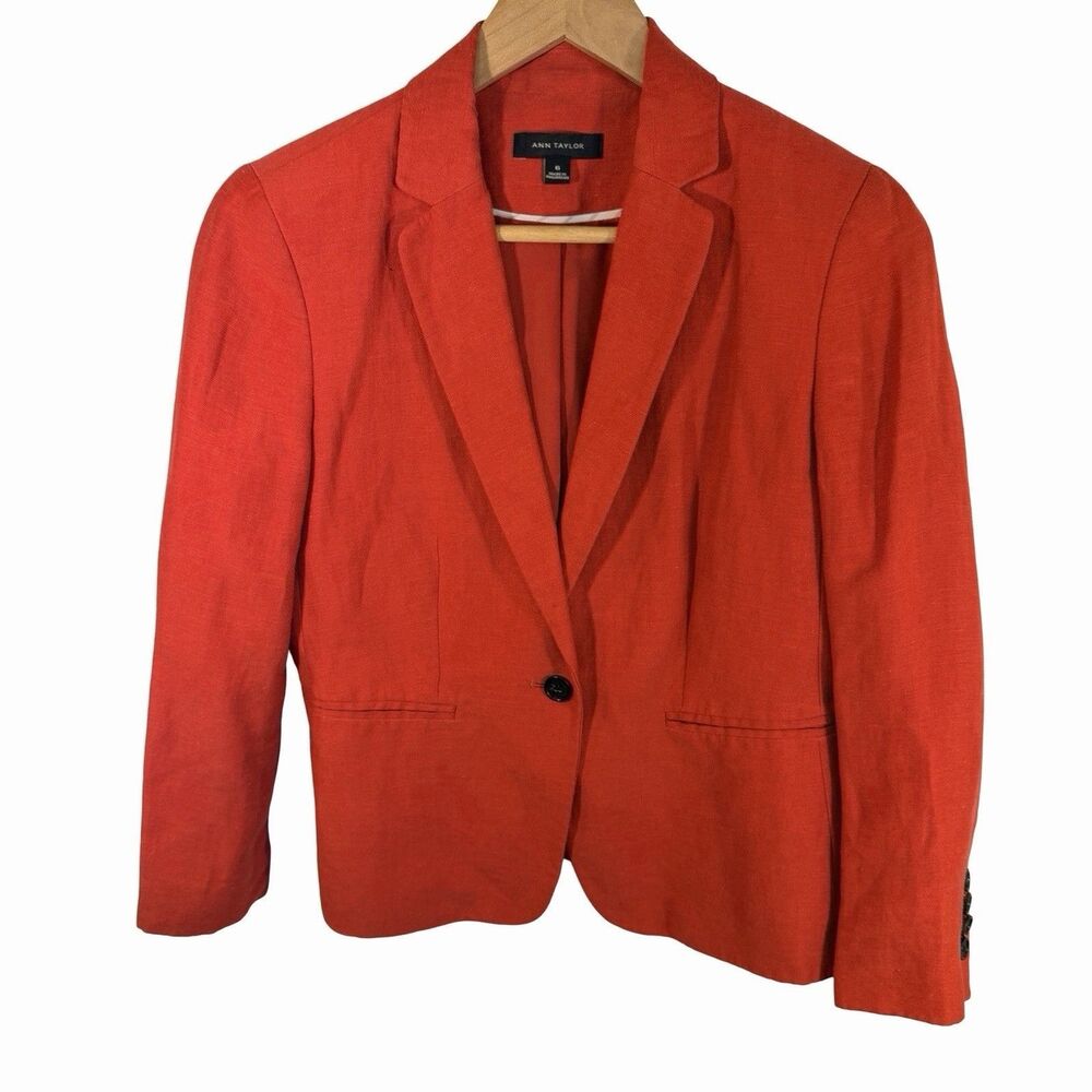 Ann Taylor Linen Blend Blazer Women's Size 6 Red 3/4 Sleeve Lined 1 Button Chic